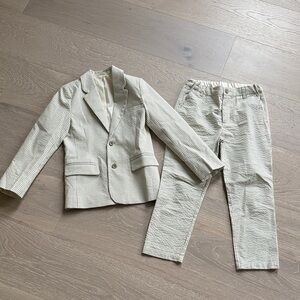Kids Cream Striped Seersucker Suit Jacket & Pants Set